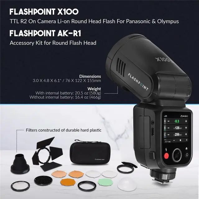 Alt view image 5 of 6 - Flashpoint X100 TTL R2 On Camera Flash & Round Head Flash Accessory Kit - OM