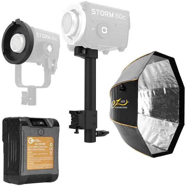 Main image of Aputure Handheld Bracket for STORM 80c LED Light, Bundle with Mini ProLock to Bowens Mount Adapter, Green Extreme 99Wh 14.8V Lithium-Ion Mini V-Mount Battery, 48" EZ Lock Octa Quick XL Softbox