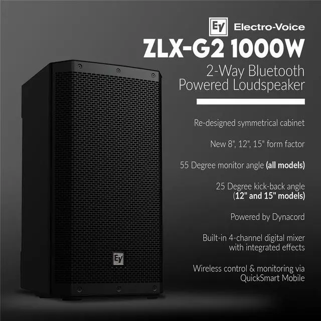 Alt view image 2 of 7 - Electro-Voice ZLX-G2 12" 1000W 2-Way Bluetooth Powered Loudspeaker, Black, Bundle with Stands and Cable