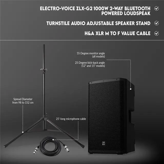 Alt view image 6 of 7 - Electro-Voice ZLX-G2 12" 1000W 2-Way Bluetooth Powered Loudspeaker, Black, Bundle with Stands and Cable