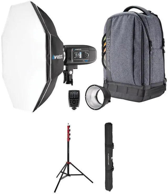 Main image of Westcott FJ400 Strobe 1-Light Backpack Kit with FJ-X3m Universal Wireless Trigger, Bundle with Flashpoint Pro Air-Cushioned Heavy-Duty Light Stand, Red/9.5'