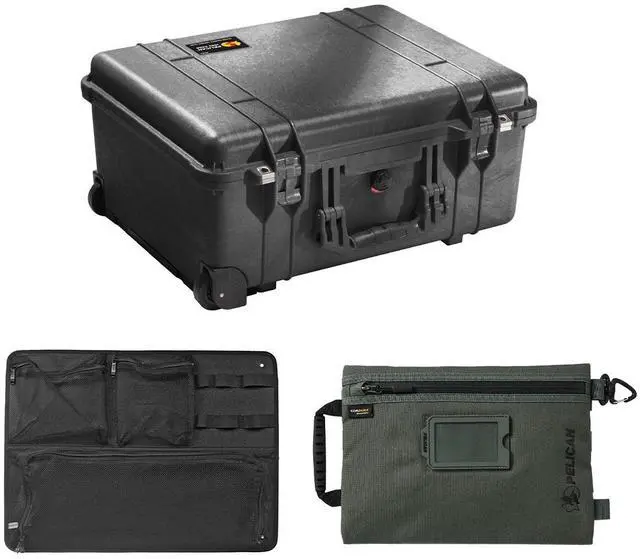 Main image of Pelican 1560 Protector Watertight Wheeled Hard Case without Foam Insert, Black, Bundle with PC1569 Lid Organizer and SPL ModPak Large Storage Pouch