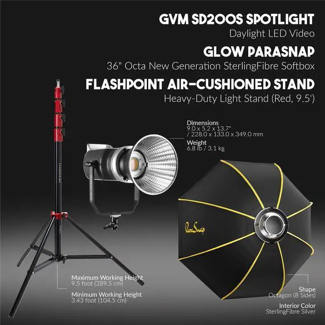 Alt view image 6 of 7 - Great Video Maker SD2005 200W Daylight LED Video Spotlight, Bundle with ParaSnap 36" Softbox and 9.5' Pro Light Stand V2