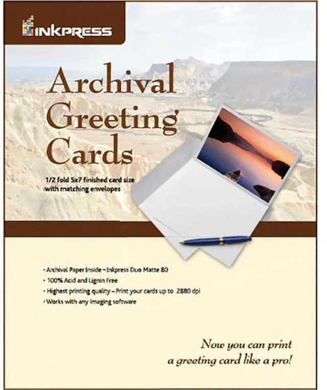 Main image of Inkpress Archival Greeting Cards for Inkjet 11x7.26" Scored Archival Greeting Card Paper, (Produces 5.5 x 7.26" Card), 20 Sheets with Matching Envelopes