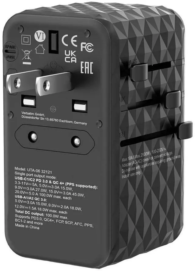 Alt view image 17 of 20 - Verbatim UTA-06 Gan III Universal Travel Adapter 100W - USB-C, USB-A - 100 W - 120 V AC, 230 V AC Input
