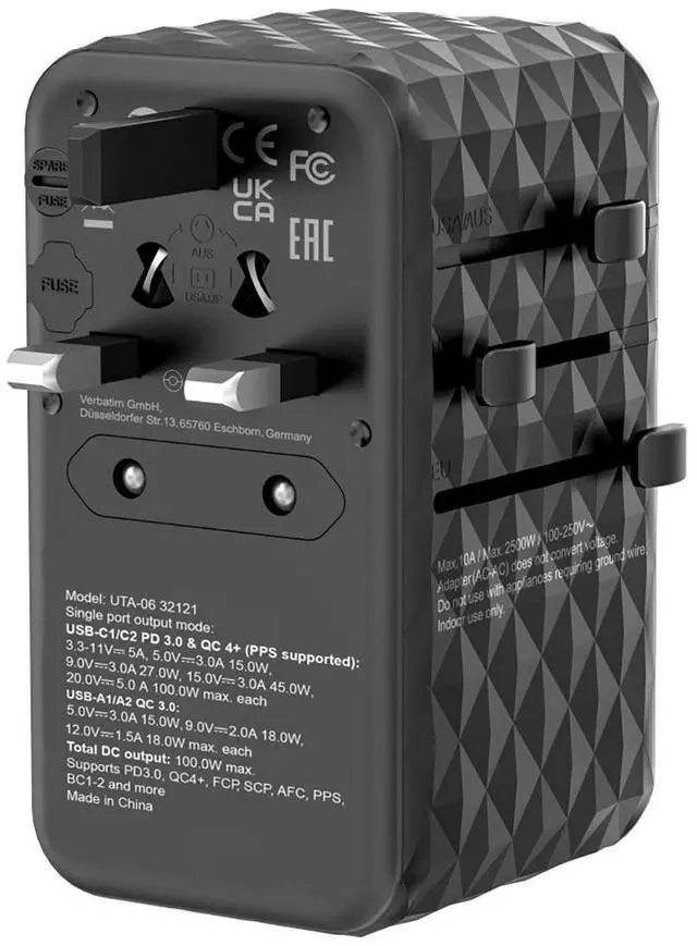 Alt view image 18 of 20 - Verbatim UTA-06 Gan III Universal Travel Adapter 100W - USB-C, USB-A - 100 W - 120 V AC, 230 V AC Input