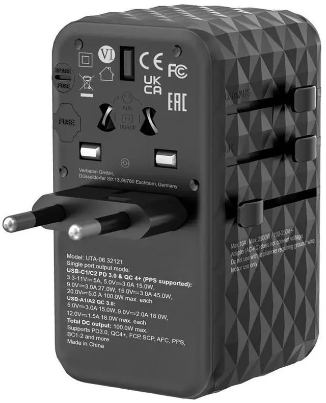 Alt view image 19 of 20 - Verbatim UTA-06 Gan III Universal Travel Adapter 100W - USB-C, USB-A - 100 W - 120 V AC, 230 V AC Input