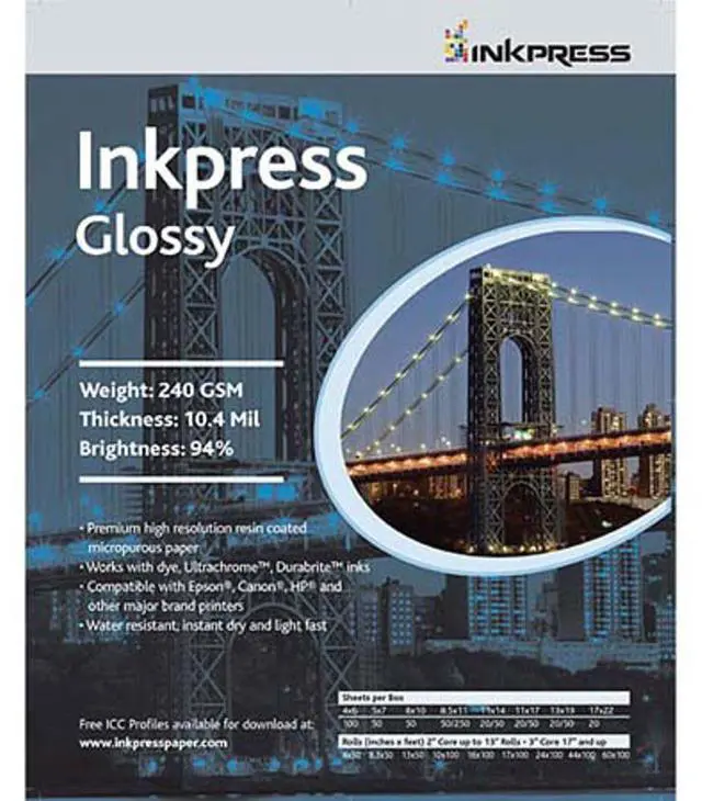 Main image of Inkpress Glossy Single Sided Gloss Surface Inkjet Paper, 240gsm, 10.4 mil., 8.5x11", 250 Sheets