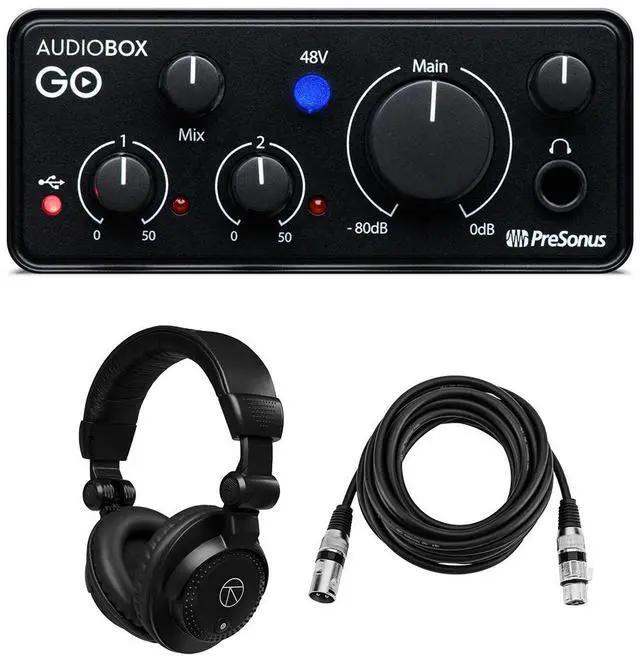 Main image of PreSonus AudioBox GO 2x2 USB Recording Interface, Bundle with Turnstile Audio TAPH100 Headphones and H&A 15' XLR Microphone Cable