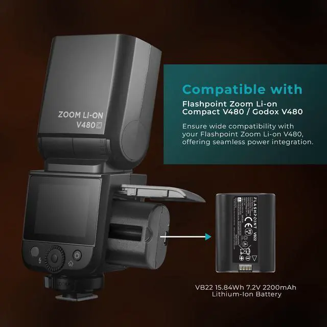 Alt view image 3 of 7 - Flashpoint VB22 15.84Wh 7.2V 2200mAh Lithium-Ion Battery for V480 TTL On-Camera Flash