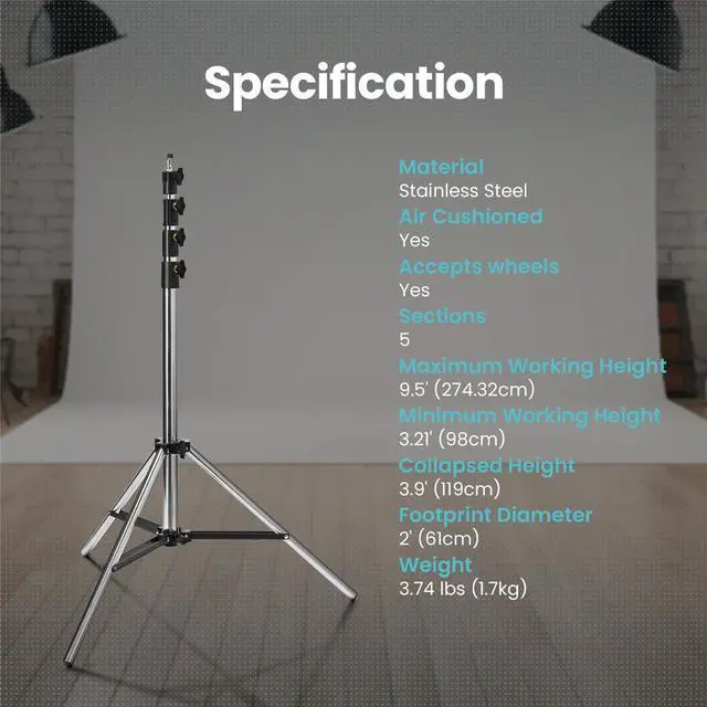 Alt view image 7 of 7 - Flashpoint Pro Air-Cushioned Heavy-Duty Light Stand (Chrome, 9.5') #FP-S-9-SS-V2