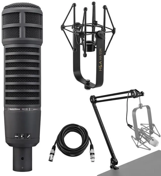 Main image of Electro-Voice RE20 Variable-D Dynamic Cardioid Microphone, Black, Bundle with Microphone Suspension Shock Mount, Broadcast Arm and 15' XLR M to F Microphone Cable
