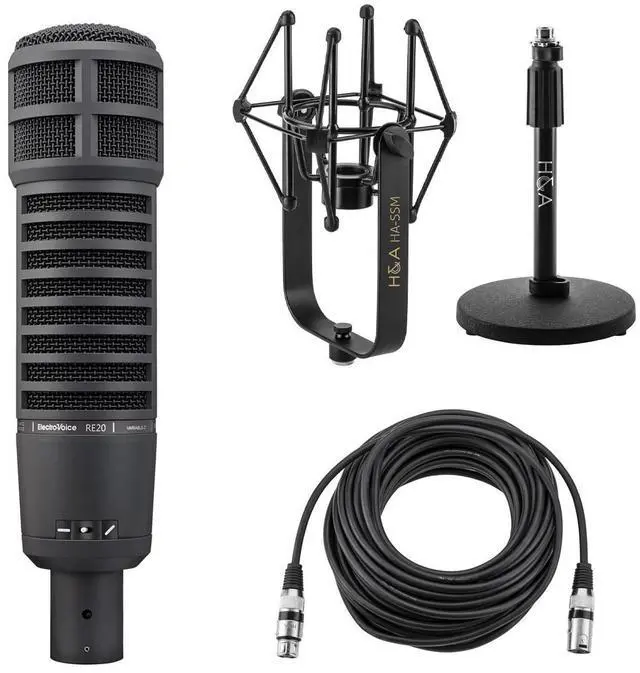 Main image of Electro-Voice RE20 Variable-D Dynamic Cardioid Microphone, Black, Bundle with Microphone Suspension Shock Mount, Microphone Stand and 50' XLR M to F Microphone Cable