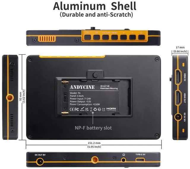 Alt view image 5 of 7 - AndyCine T6 6" Full HD On-Camera Monitor, Supports 4K HDMI