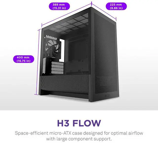 Alt view image 13 of 18 - NZXT H3 Flow  Micro-ATX PC Case  Optimized Airflow  Includes 1 x 120mm Rear Fan  Supports Full-Sized GPUs  Fits 280mm Front, 240mm Top Radiator   Back-Connect Motherboard  Black