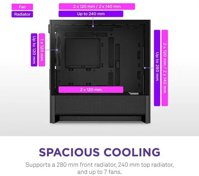 Alt view image 16 of 18 - NZXT H3 Flow  Micro-ATX PC Case  Optimized Airflow  Includes 1 x 120mm Rear Fan  Supports Full-Sized GPUs  Fits 280mm Front, 240mm Top Radiator   Back-Connect Motherboard  Black