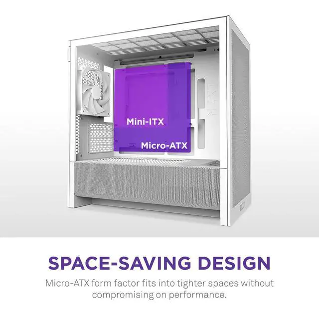 Alt view image 10 of 14 - NZXT H3 Flow  Micro-ATX PC Case  Optimized Airflow  Includes 1 x 120mm Rear Fan  Supports Full-Sized GPUs  Fits 280mm Front, 240mm Top Radiator   Back-Connect Motherboard  White