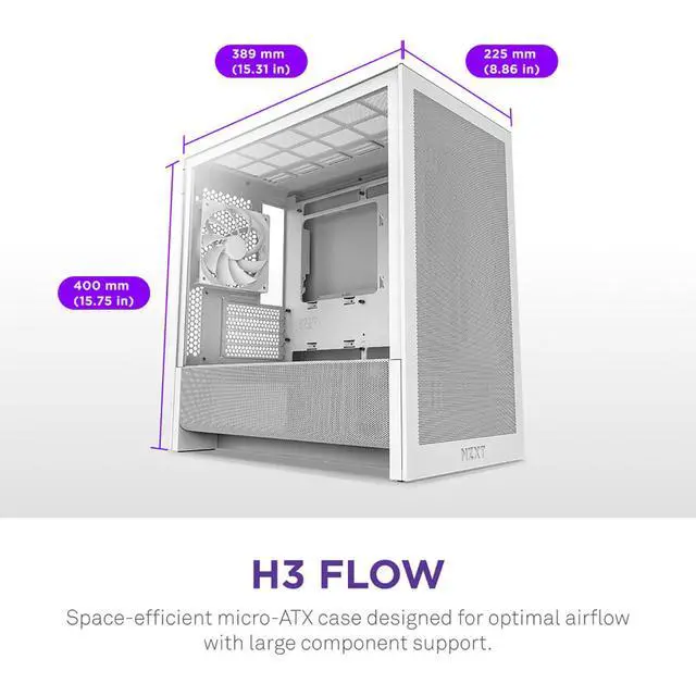 Alt view image 9 of 14 - NZXT H3 Flow  Micro-ATX PC Case  Optimized Airflow  Includes 1 x 120mm Rear Fan  Supports Full-Sized GPUs  Fits 280mm Front, 240mm Top Radiator   Back-Connect Motherboard  White