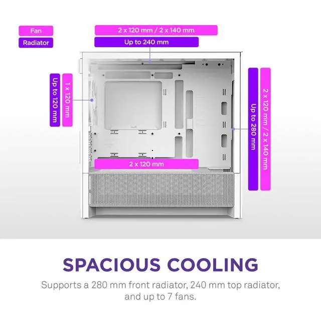 Alt view image 12 of 14 - NZXT H3 Flow  Micro-ATX PC Case  Optimized Airflow  Includes 1 x 120mm Rear Fan  Supports Full-Sized GPUs  Fits 280mm Front, 240mm Top Radiator   Back-Connect Motherboard  White