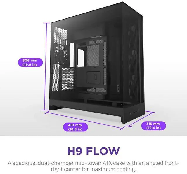 Alt view image 9 of 14 - NZXT H9 Flow (2025)  Large Dual-Chamber ATX Mid-Tower Airflow PC Case  Includes 3 x 140mm & 1 x 120mm Fans  420mm Radiator Support  Tempered Glass  Back-Connect Ready  Black