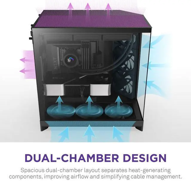 Alt view image 14 of 14 - NZXT H9 Flow (2025)  Large Dual-Chamber ATX Mid-Tower Airflow PC Case  Includes 3 x 140mm & 1 x 120mm Fans  420mm Radiator Support  Tempered Glass  Back-Connect Ready  Black