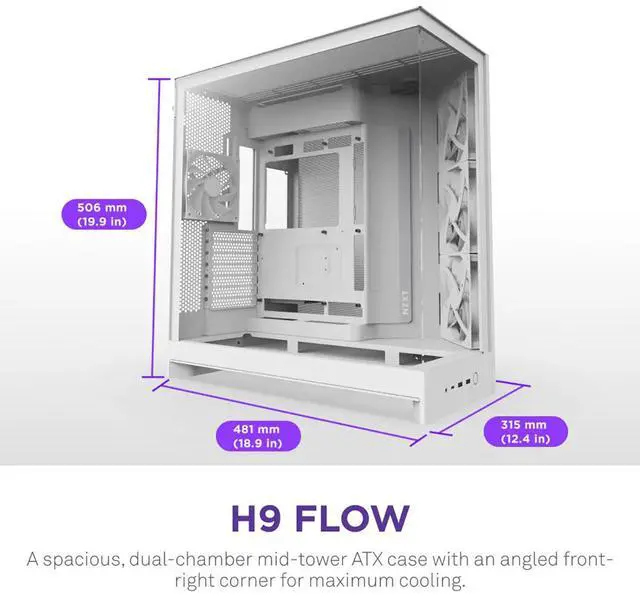 Alt view image 19 of 20 - NZXT H9 Flow (2025)  Large Dual-Chamber ATX Mid-Tower Airflow PC Case  Includes 3 x 140mm & 1 x 120mm Fans  420mm Radiator Support  Tempered Glass  Back-Connect Ready  White