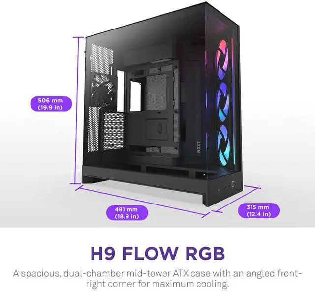 Alt view image 16 of 20 - NZXT H9 Flow RGB (2025)  Large Dual-Chamber ATX Mid-Tower Airflow PC Case  Includes 1 x 420mm RGB Fan Unit & 1 x 120mm Fan  420mm Radiator Support  Tempered Glass  Back-Connect Ready  Black