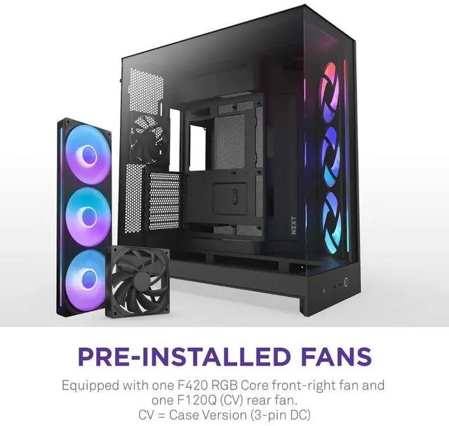 Alt view image 17 of 20 - NZXT H9 Flow RGB (2025)  Large Dual-Chamber ATX Mid-Tower Airflow PC Case  Includes 1 x 420mm RGB Fan Unit & 1 x 120mm Fan  420mm Radiator Support  Tempered Glass  Back-Connect Ready  Black