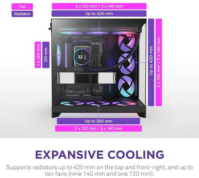 Alt view image 18 of 20 - NZXT H9 Flow RGB (2025)  Large Dual-Chamber ATX Mid-Tower Airflow PC Case  Includes 1 x 420mm RGB Fan Unit & 1 x 120mm Fan  420mm Radiator Support  Tempered Glass  Back-Connect Ready  Black