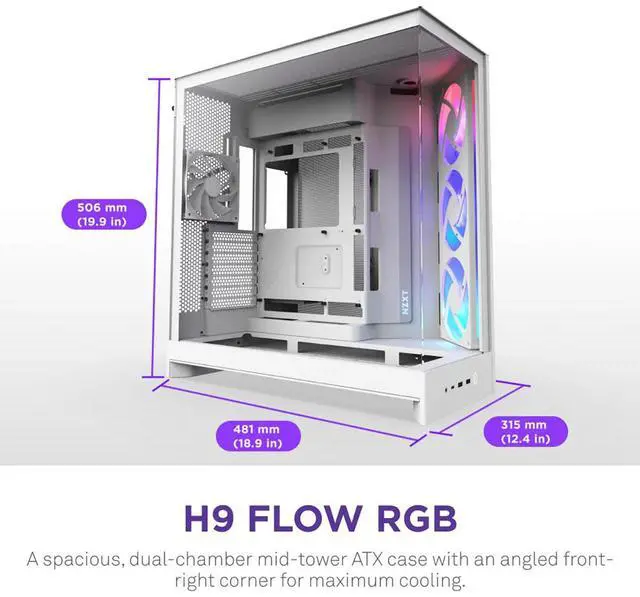 Alt view image 9 of 14 - NZXT H9 Flow RGB (2025)  Large Dual-Chamber ATX Mid-Tower Airflow PC Case  Includes 1 x 420mm RGB Fan Unit & 1 x 120mm Fan  420mm Radiator Support  Tempered Glass  Back-Connect Ready  White