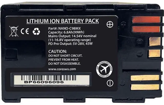 Alt view image 6 of 6 - Core SWX NANO-C98MX HDV Battery with Ring LED Gauge (98Wh, Canon BP-A)