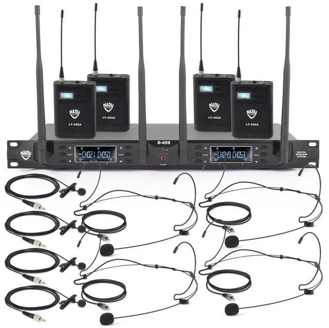 Main image of Nady D-450 200-Channel Quad Receiver Digital Wireless System with 4x OML-4 Lapel and 4x Black HM-10 Headworn Microphone