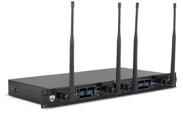 Alt view image 7 of 7 - Nady D-450 200-Channel Quad Receiver Digital Wireless System with 4x OML-4 Lapel and 4x Black HM-10 Headworn Microphone