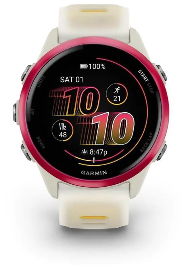 Alt view image 9 of 14 - Garmin® Forerunner® 570, 42mm, Advanced GPS Running and Triathlon Smartwatch, AMOLED Display, Training and Recovery Features, Raspberry Aluminum with Translucent Bone/Mango Band