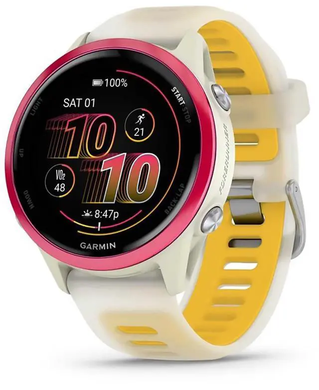 Alt view image 8 of 14 - Garmin® Forerunner® 570, 42mm, Advanced GPS Running and Triathlon Smartwatch, AMOLED Display, Training and Recovery Features, Raspberry Aluminum with Translucent Bone/Mango Band