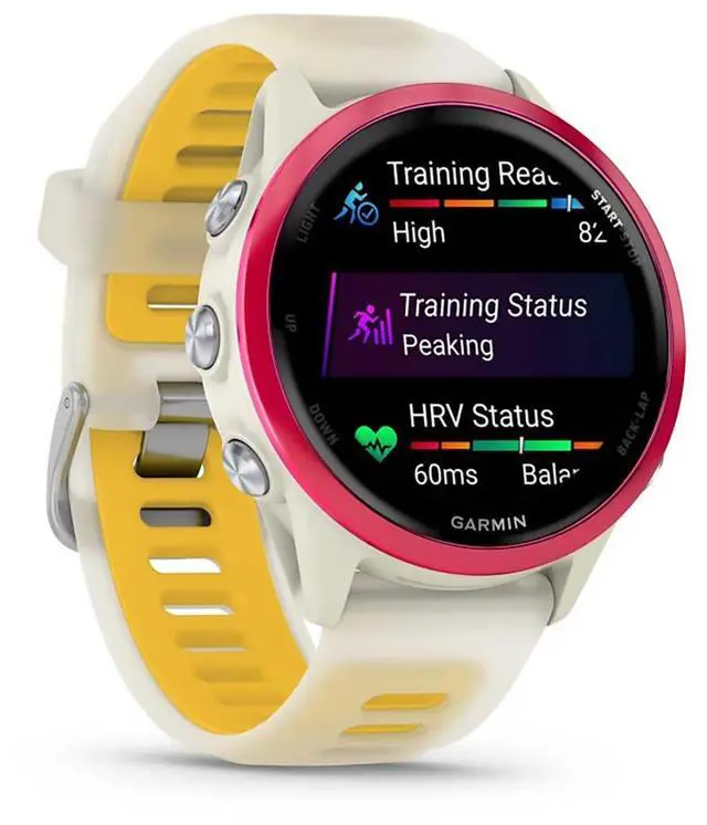 Alt view image 10 of 14 - Garmin® Forerunner® 570, 42mm, Advanced GPS Running and Triathlon Smartwatch, AMOLED Display, Training and Recovery Features, Raspberry Aluminum with Translucent Bone/Mango Band