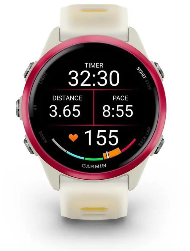 Alt view image 11 of 14 - Garmin® Forerunner® 570, 42mm, Advanced GPS Running and Triathlon Smartwatch, AMOLED Display, Training and Recovery Features, Raspberry Aluminum with Translucent Bone/Mango Band