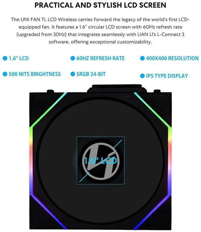 Alt view image 11 of 14 - Lian Li UNI Fan TL - LCD Wireless 140 - Single Pack (Reverse Blade) - 2.4 GHz Wireless Signal ARGB Fan & Dual-Zone Lighting Control - 140mm  - Controller NOT Included & Required -Black (14RTLLCD1W1B)