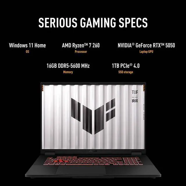 Alt view image 5 of 7 - ASUS TUF Gaming A18 FA808UH 18" WUXGA 144Hz Gaming Laptop, AMD Ryzen 7 260 3.8GHz, 16GB RAM, 1TB SSD, NVIDIA GeForce RTX 5050 8GB, Windows 11 Home, Jaeger Gray