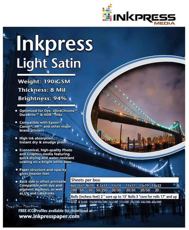 Main image of Inkpress Light Satin Inkjet Photo Paper, Single Sided, 190 gsm, 8 mil, 94% Bright, 13x19", 100 Sheets