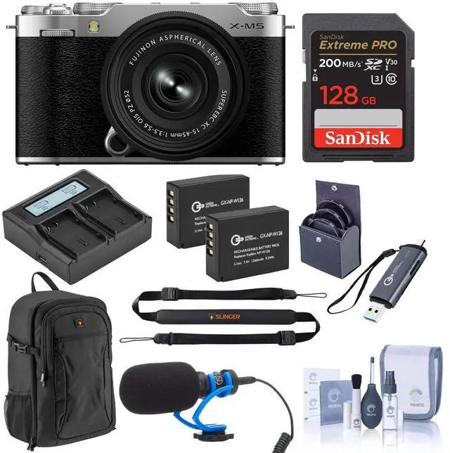 Main image of Fujifilm X-M5 Mirrorless Camera w/XC 15-45mm f/3.5-5.6 OIS PZ Lens, Silver, Bundle with 128GB Memory Card, 2x Extra Battery, Shotgun Microphone, Card Reader, Backpack and 52mm Filter Kit
