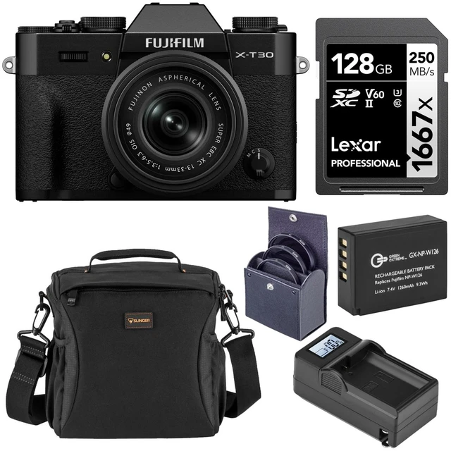 Main image of Fujifilm X-T30 III Mirrorless Camera with XC 13-33mm f/3.5-6.3 OIS Lens, Black, Bundle with 49mm Filter Kit, Extra Battery, Smart Charger Base with Plate, 128GB Memory Card and Shoulder Bag