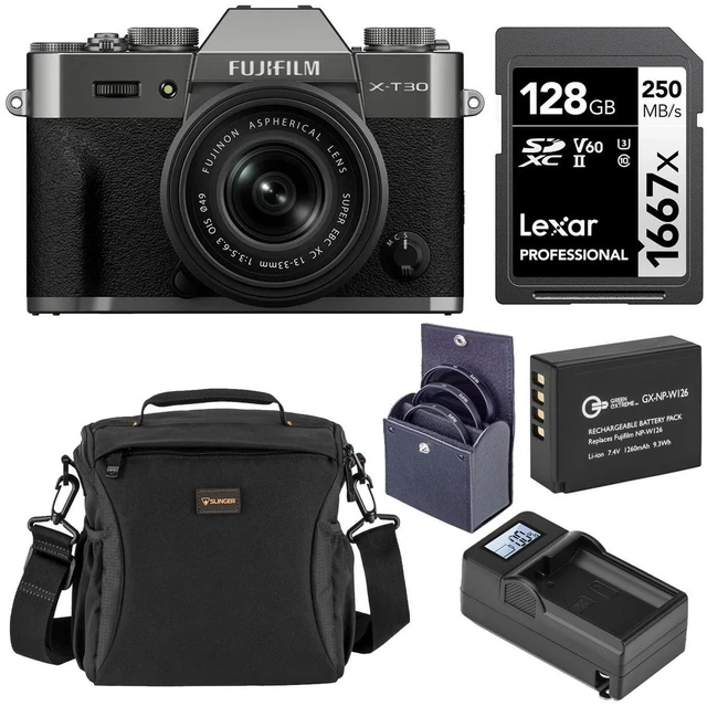 Main image of Fujifilm X-T30 III Mirrorless Camera with XC 13-33mm f/3.5-6.3 OIS Lens, Charcoal Silver, Bundle with 49mm Filter Kit, Extra Battery, Smart Charger Base with Plate, 128GB Memory Card and Shoulder Bag