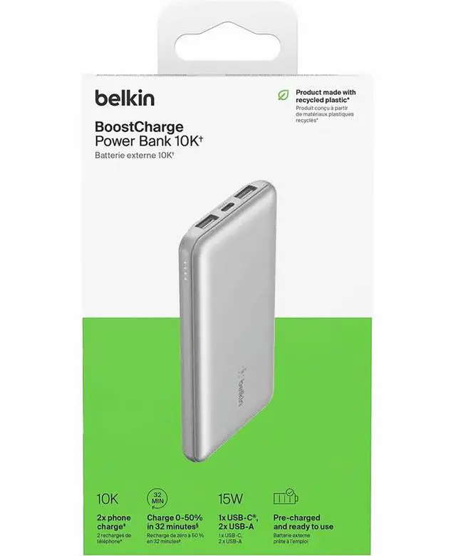Alt view image 16 of 17 - Belkin 15W 3-port USB Power Bank - 10K mAh - 2xUSB-A (12W), 1xUSB-C (15W) - Portable Charger - w/ USB-A to USB-C Cable - Silver - For iPhone, iPad, AirPod, Smartwatch, Smartphone - 10000 mAh - 3 x USB