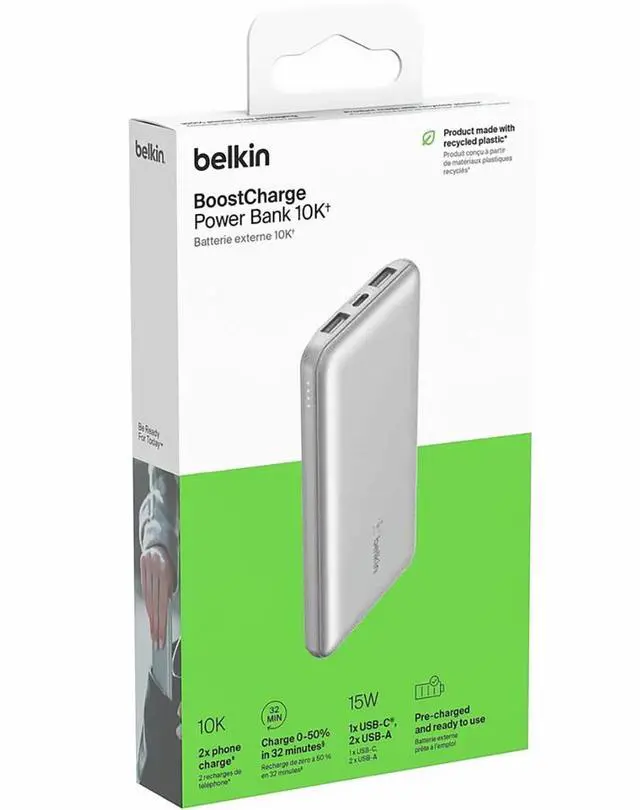 Alt view image 17 of 17 - Belkin 15W 3-port USB Power Bank - 10K mAh - 2xUSB-A (12W), 1xUSB-C (15W) - Portable Charger - w/ USB-A to USB-C Cable - Silver - For iPhone, iPad, AirPod, Smartwatch, Smartphone - 10000 mAh - 3 x USB