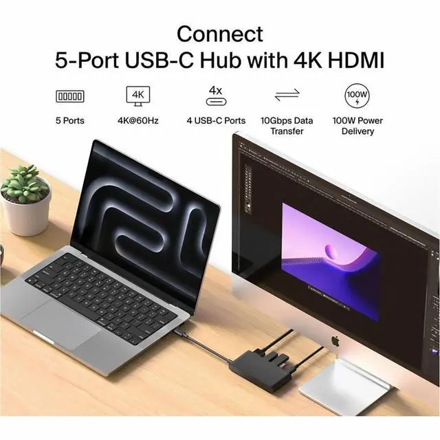 Alt view image 7 of 7 - Belkin 5-Port USB-C Hub - USB-C to 4x USB-C, 1x4K HDMI - 10 Gbps - 100W - Docking Station - Black - AVC021fqBK