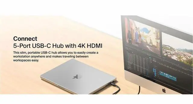 Alt view image 6 of 7 - Belkin 5-Port USB-C Hub - USB-C to 4x USB-C, 1x4K HDMI - 10 Gbps - 100W - Docking Station - Black - AVC021fqBK