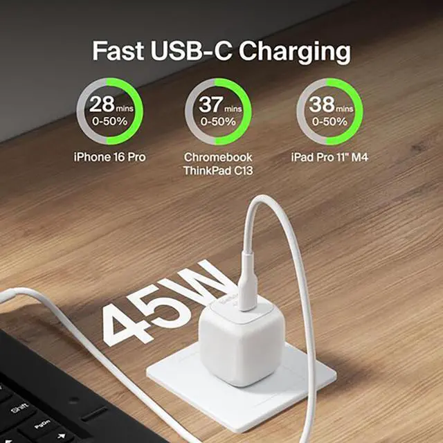 Alt view image 14 of 14 - Belkin 45W Portable Cubic USB-C Wall Charger w/ USB-C Cable 1xUSB-C Foldable Prongs Fast Charge Power Adapter White Model WCA013DQ1MWH-B6