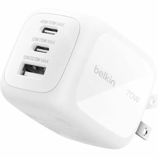 Alt view image 8 of 14 - Belkin 70W GaN 3-Port USB Wall Charger 1xUSB-A, 2xUSB-C - Foldable Prongs Power Adapter White Model WCH018DQWH