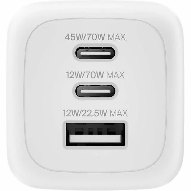 Alt view image 10 of 14 - Belkin 70W GaN 3-Port USB Wall Charger 1xUSB-A, 2xUSB-C - Foldable Prongs Power Adapter White Model WCH018DQWH